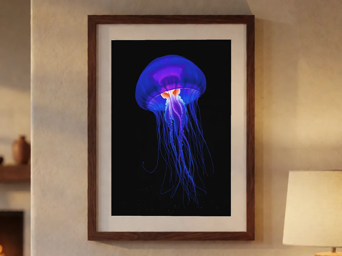 A framed bioluminescent jellyfish print on a warm wall beside a lit lamp.