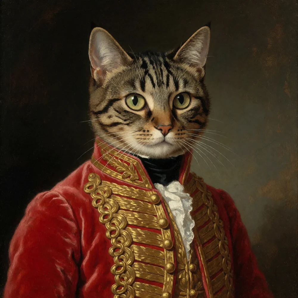 A Victorian-style oil portrait of a pet in a military jacket