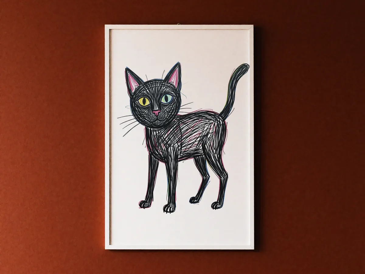 A deliberately childlike scribbled drawing of a cat, framed on a warm terracotta wall.