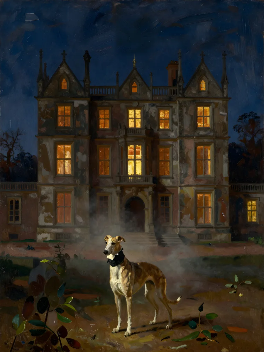 A whippet standing in the grounds of a gothic manor house at dusk.