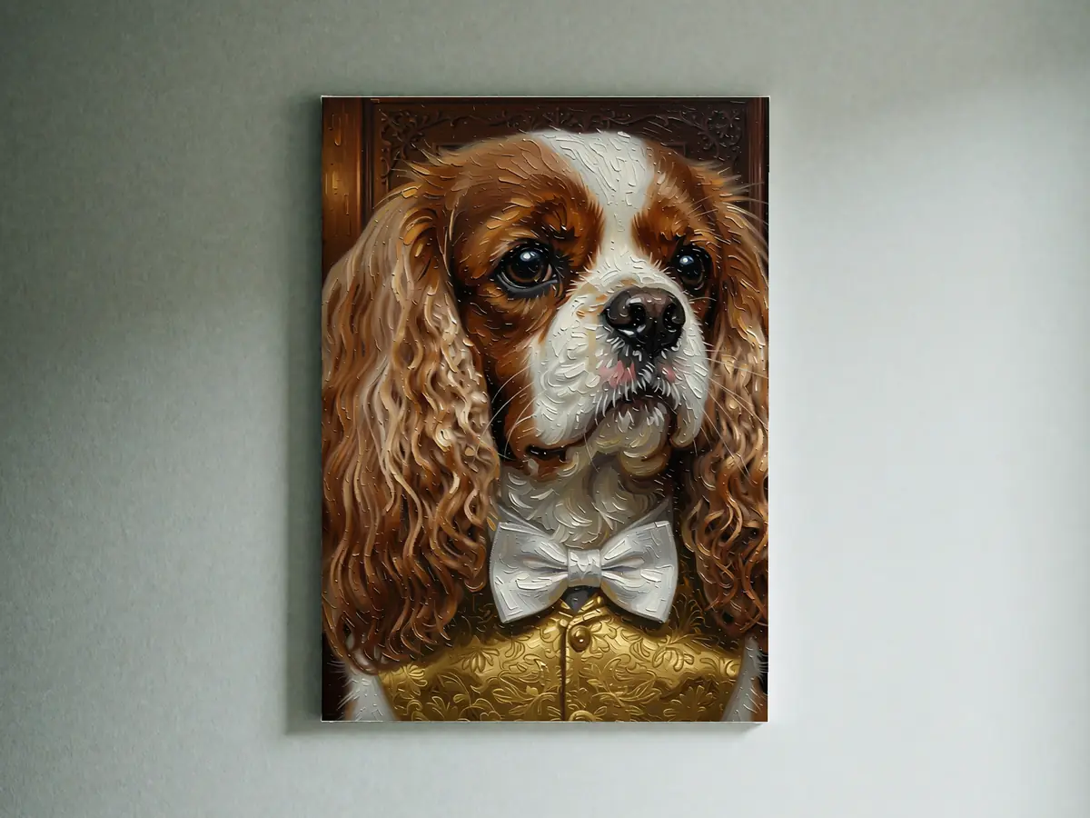 A pet portrait painted in the Victorian style, the sitter in the formal dress of an upper-class Victorian, on canvas against a soft sage-green wall.