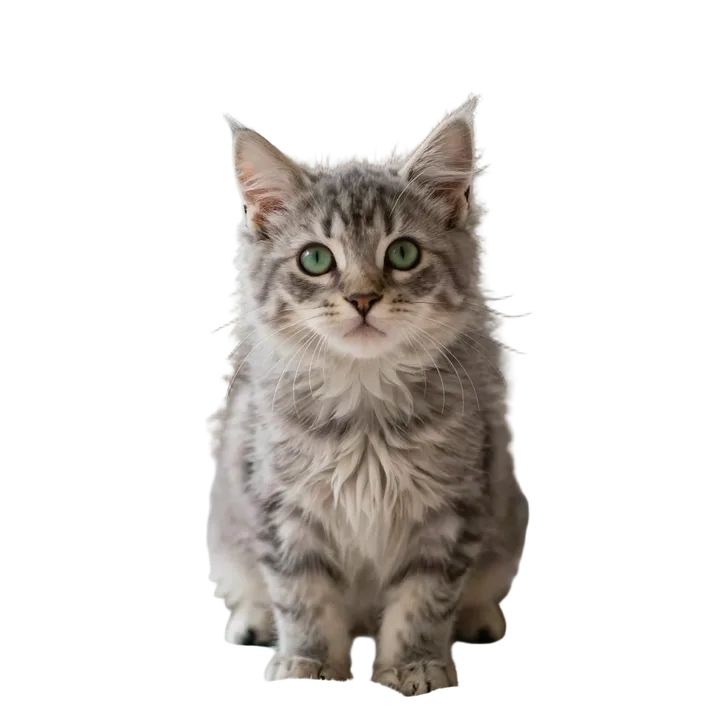 A grey tabby kitten cut out from its background with a clean transparent edge.