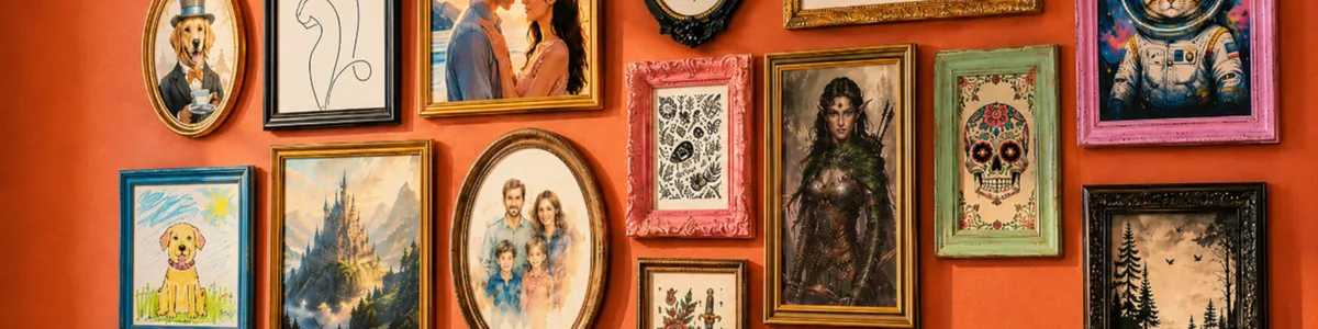 A wide gallery wall of framed pictures, reframed from a square original to a banner shape.