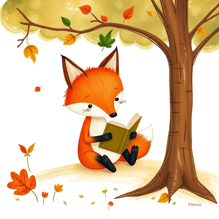 A storybook illustration of a fox reading a book beneath an autumn tree.