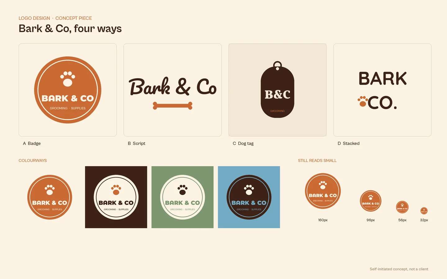 Four logo routes for Bark and Co, a concept pet groomer: a badge, a script wordmark with a bone, a dog-tag monogram and a stacked wordmark, with colourways and a small-size test.