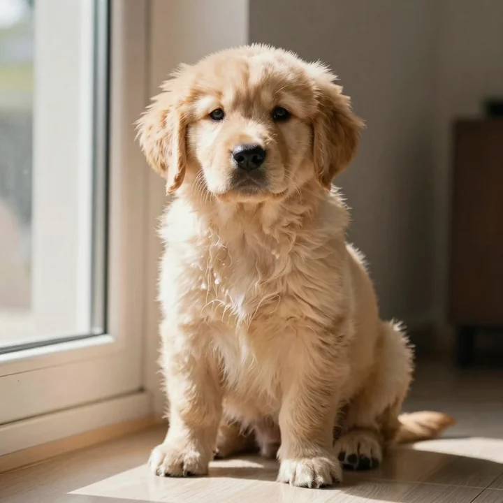 A golden retriever puppy sitting in soft window light, rendered photorealistically.
