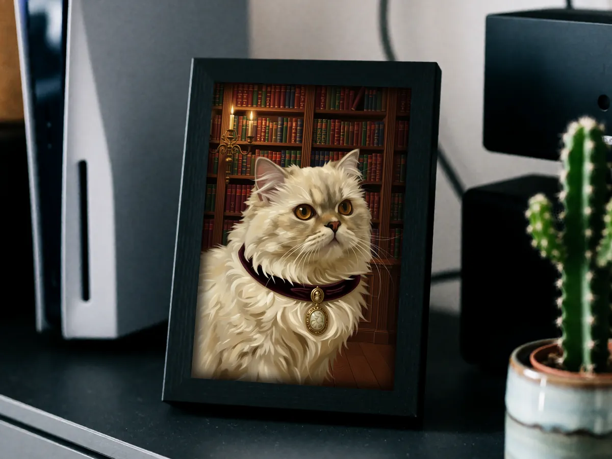 A pet portrait painted in Victorian oils, the sitter in the formal dress of an upper-class Victorian, framed and standing on a shelf.
