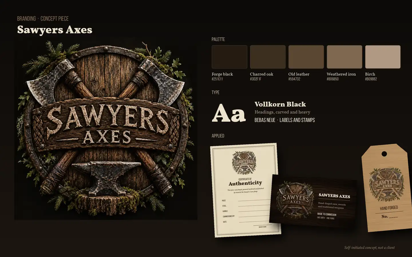 A brand board for Sawyers Axes, a concept blacksmith: the carved oak and iron logo, a five-colour palette, Vollkorn and Bebas Neue type, and the identity applied to a certificate of authenticity, a business card and a swing tag.