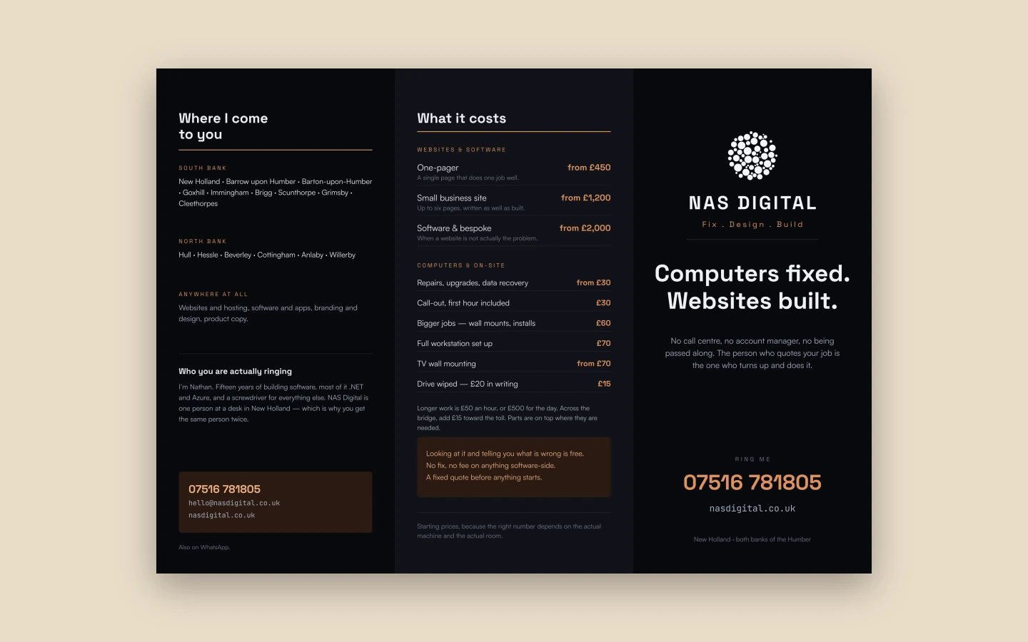 A three-panel DL leaflet for NAS Digital, opened flat: coverage list, a priced services table and the front cover, set in white and amber on near-black.