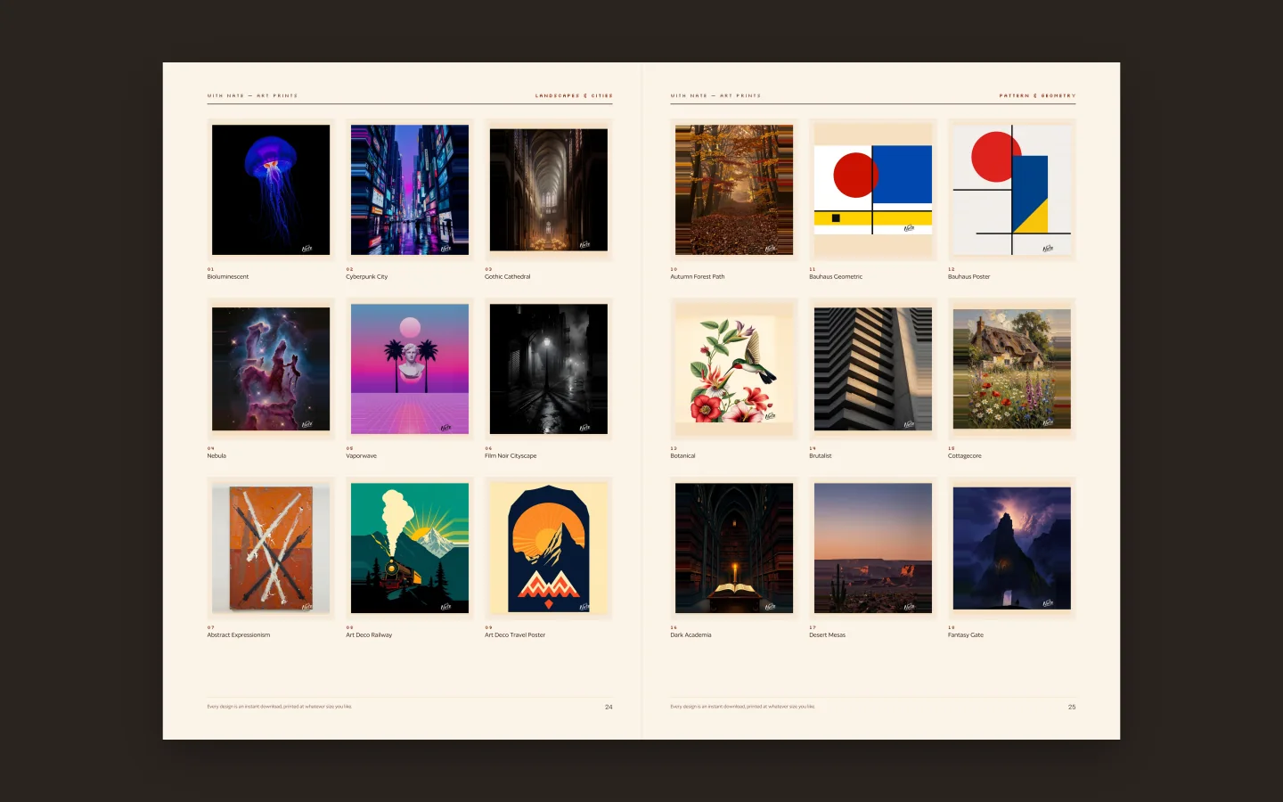 A spread from the With Nate art print catalogue, showing a grid of print thumbnails with titles and sizes on warm paper.