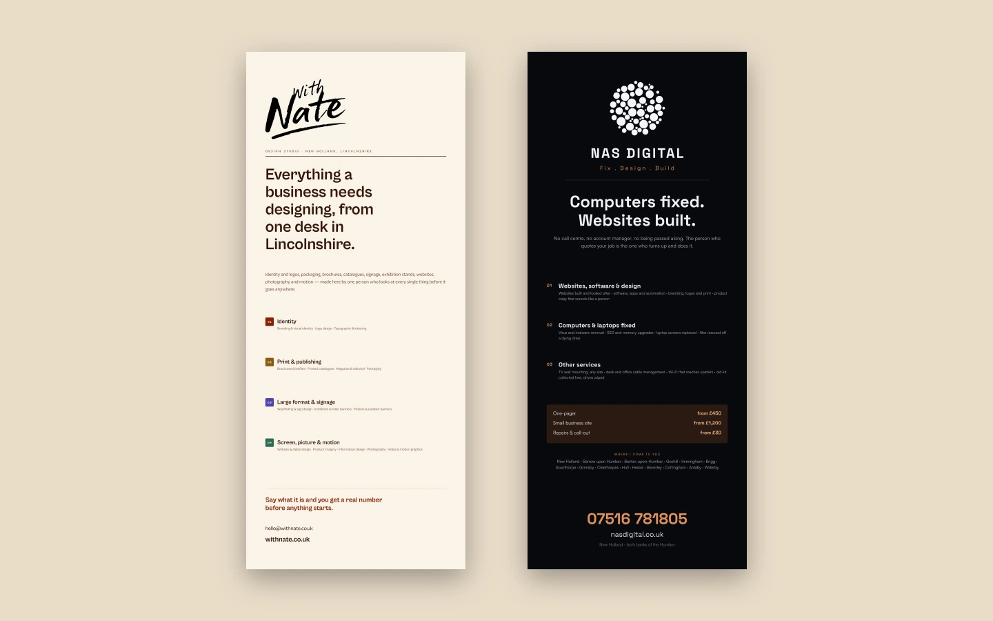 Two roller banners side by side, one for With Nate on warm paper and one for NAS Digital on near-black.