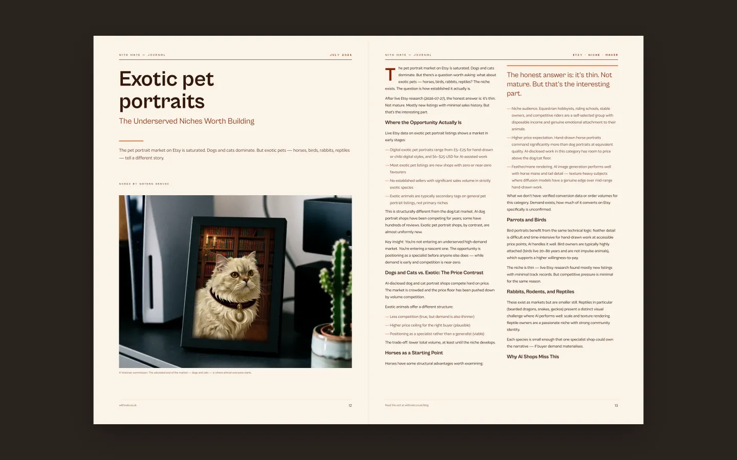An editorial spread from the With Nate journal, with a drop cap, a pull quote and a running head across two pages.