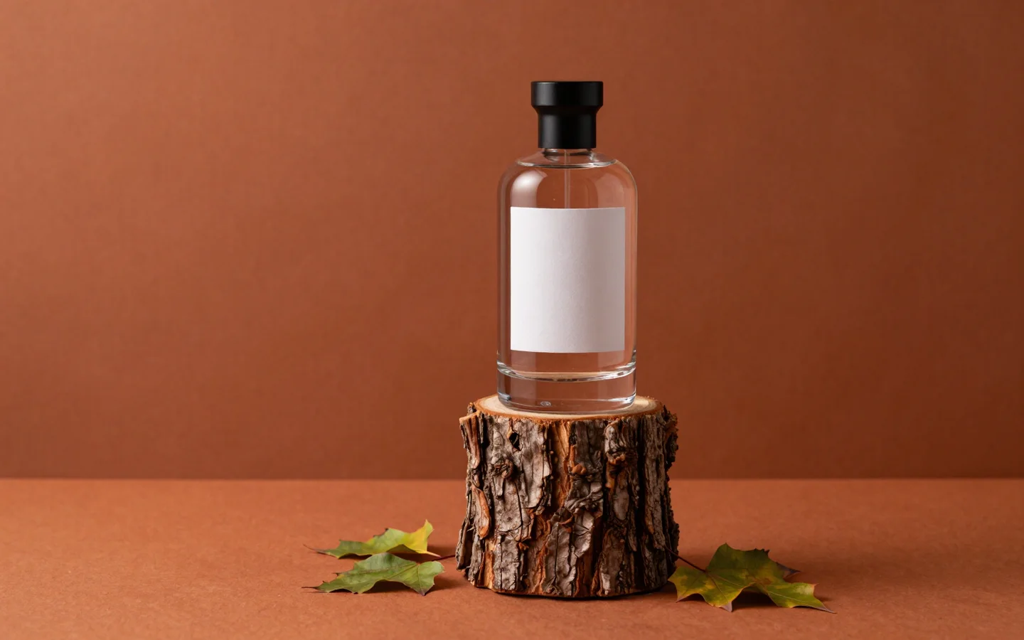 A clear glass bottle with a blank white label standing on a short log, with scattered leaves on a terracotta backdrop.