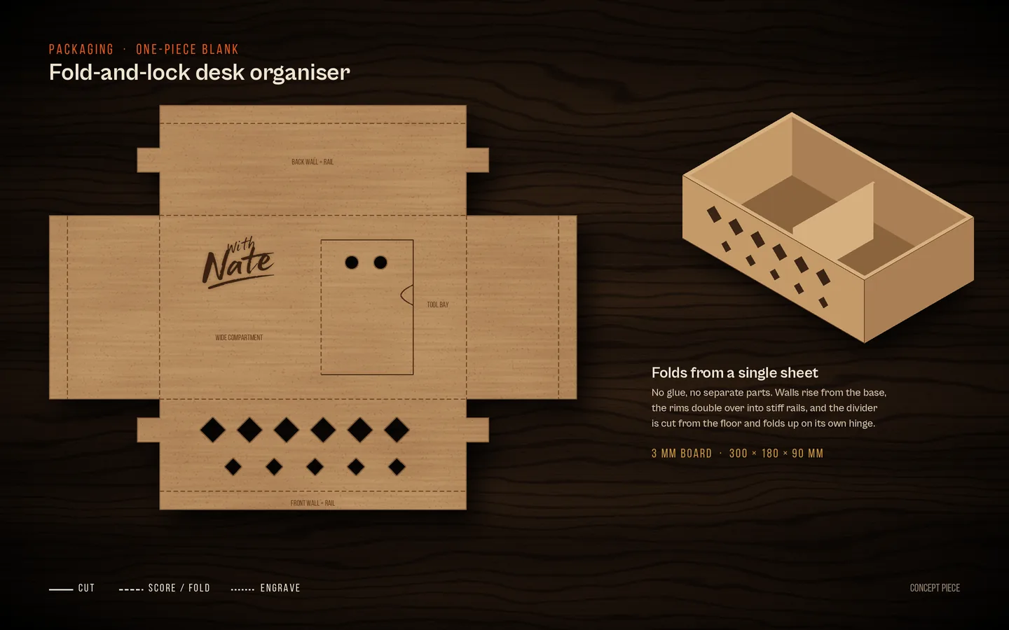 A one-piece kraft board blank for a fold-and-lock desk organiser, laid flat on a walnut bench with cut and score lines and an engraved With Nate wordmark, beside a drawing of the same box folded up with its divider and diamond cut-outs.