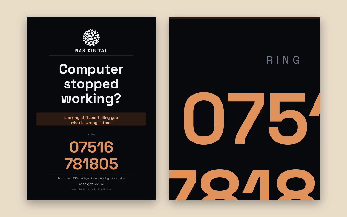 A large-format poster for NAS Digital with a short headline and the phone number set very large, readable at a distance.