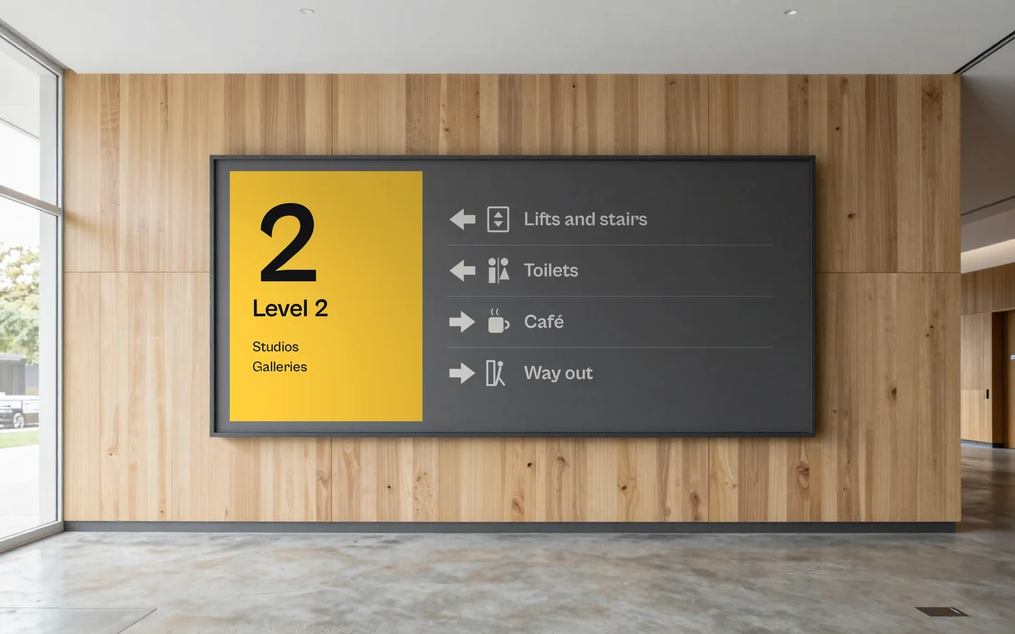 A wide directional sign on an oak-panelled corridor wall: a yellow Level 2 block beside arrows and pictograms for lifts and stairs, toilets, a cafe and the way out.