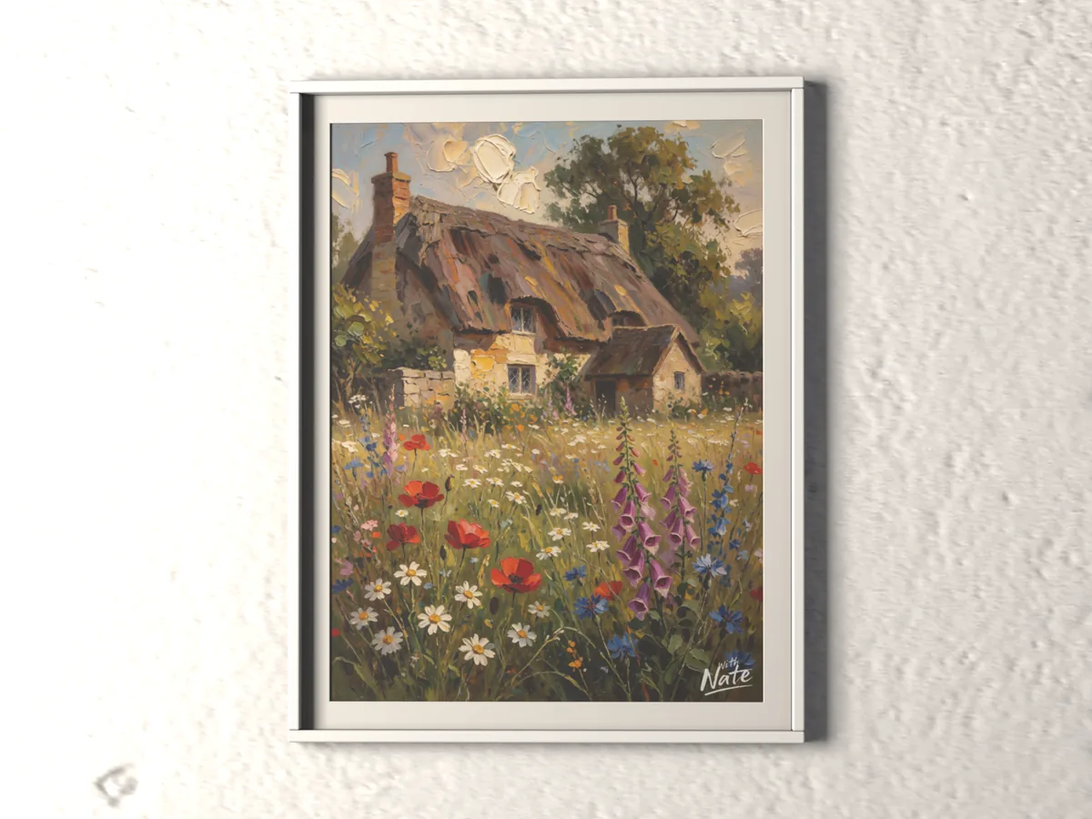 A cottage garden painting in a white frame, hung on a white textured wall.
